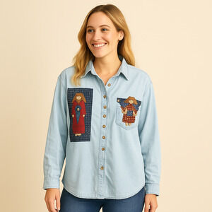 Bonjour Women’s Denim Patchwork Shirt M – Angel Appliqué